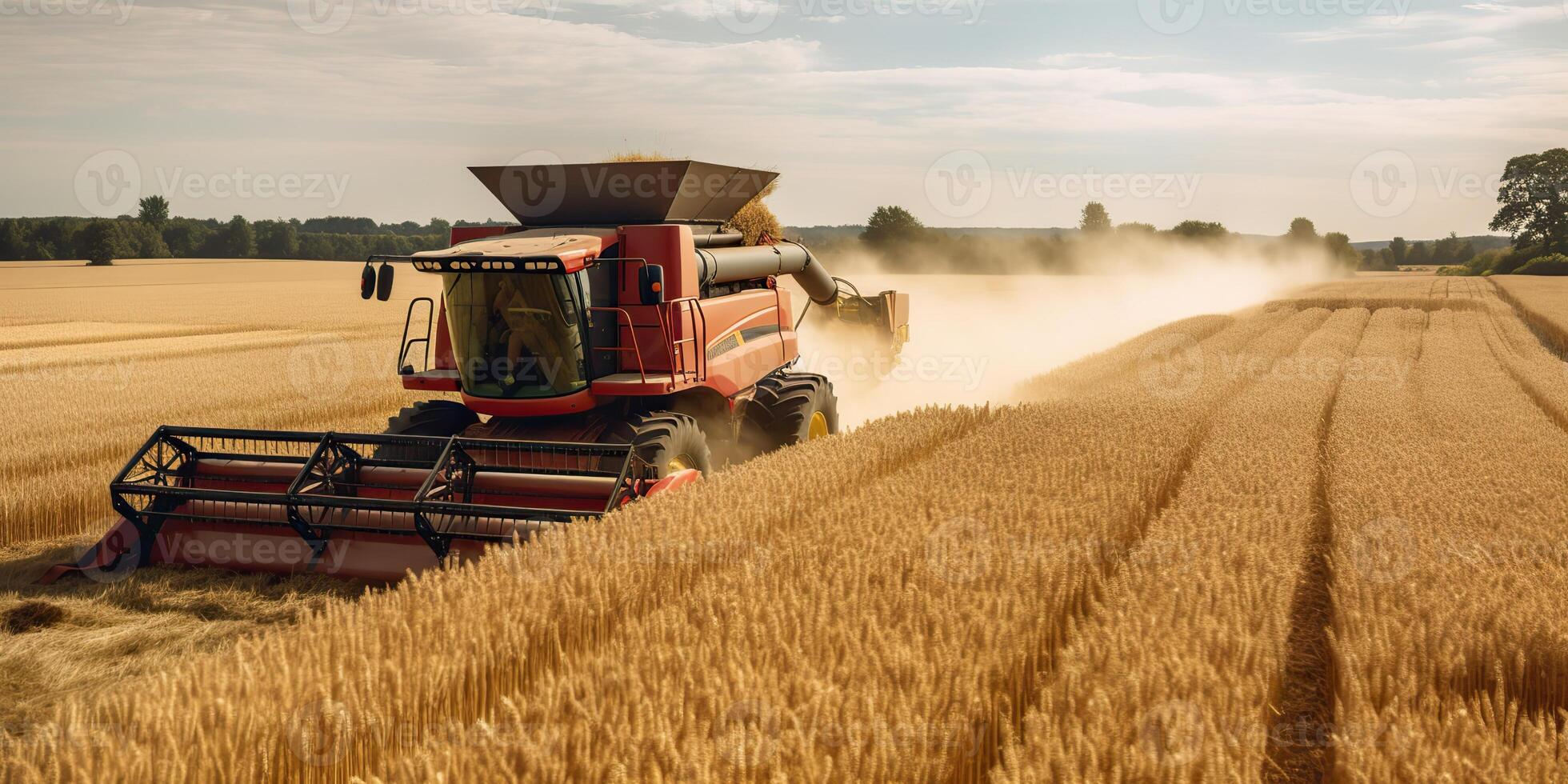 ai generado. ai generativo. segador combinar tractor a puesta de sol campo de trigo grano planta. granjero al aire libre inspirador onda. gráfico Arte foto