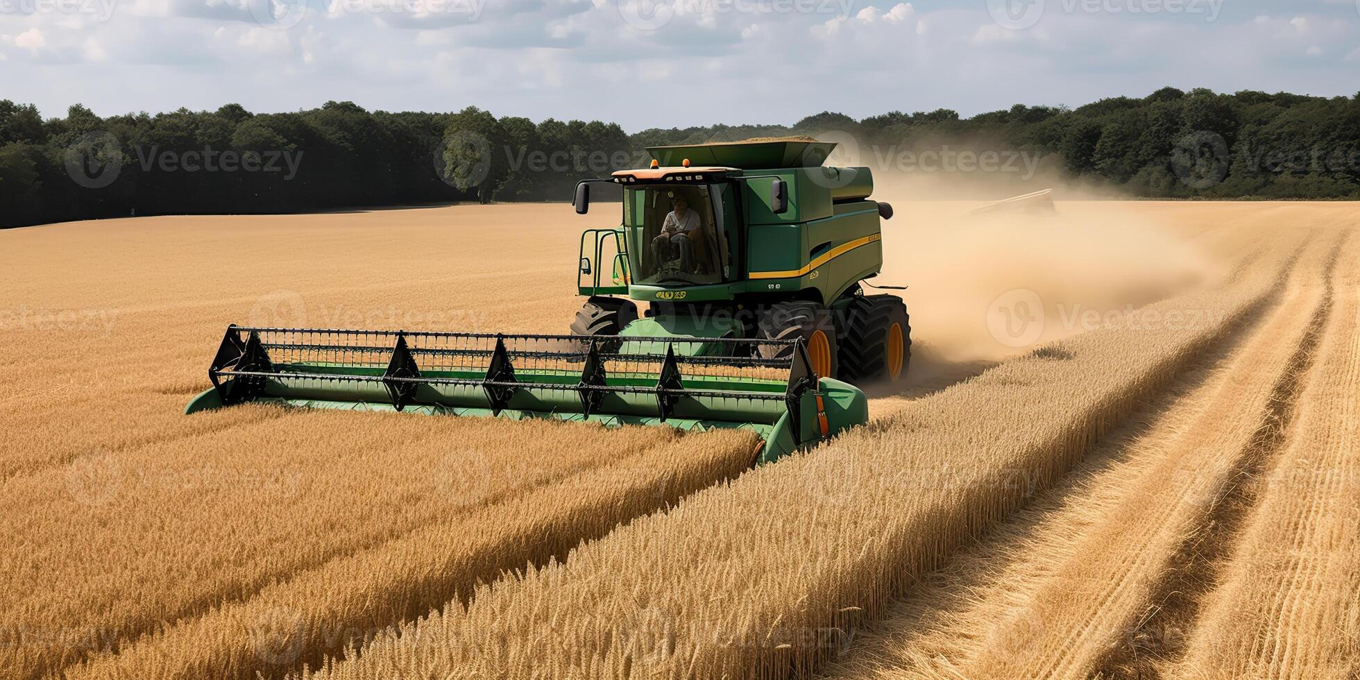 ai generado. ai generativo. segador combinar tractor a puesta de sol campo de trigo grano planta. granjero al aire libre inspirador onda. gráfico Arte foto