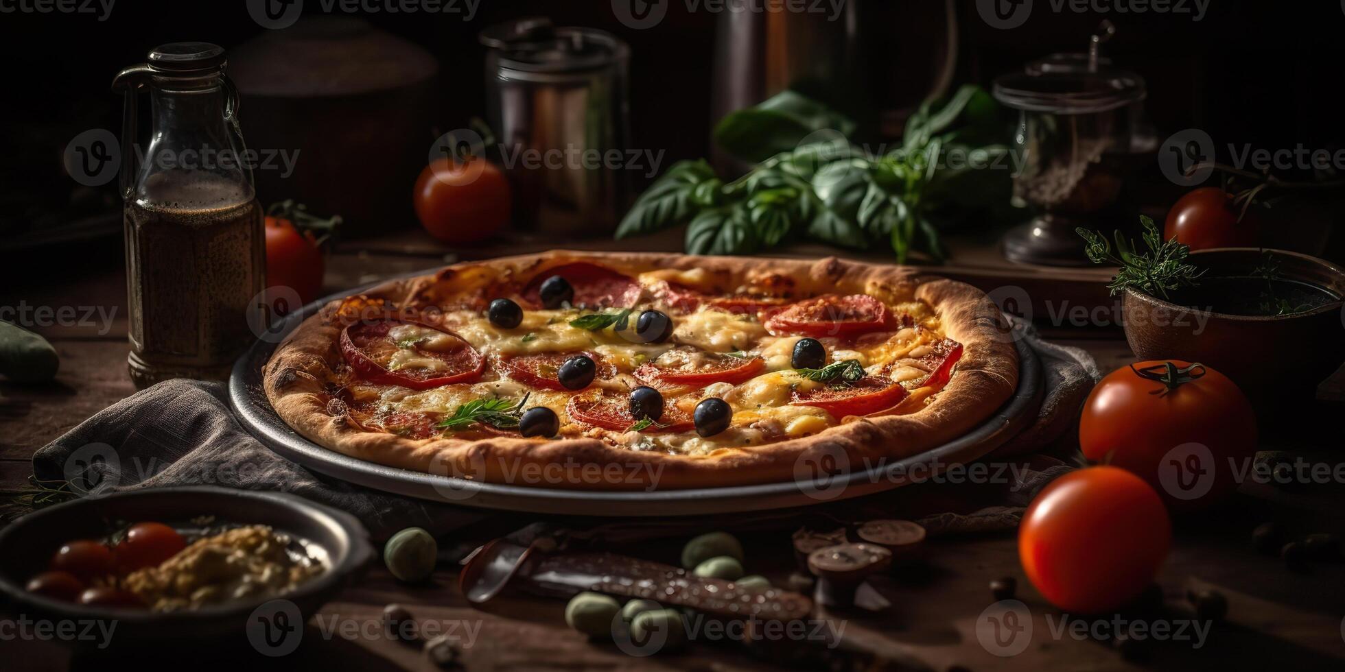 ai generativo. ai generado. foto realista ilustración de sabroso italiano Pizza familia cena. gráfico Arte