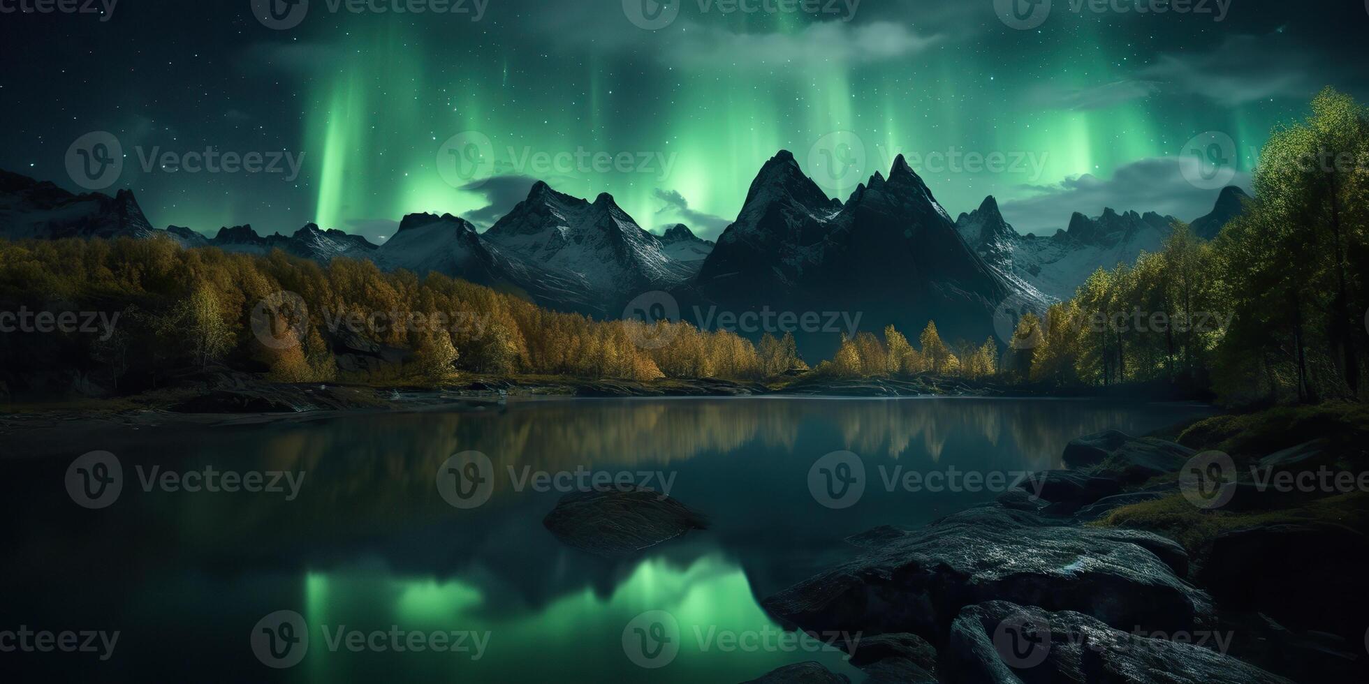 . Photo realistic illustration of aurora northern light. Adventure expidition vibe. . Graphic Art