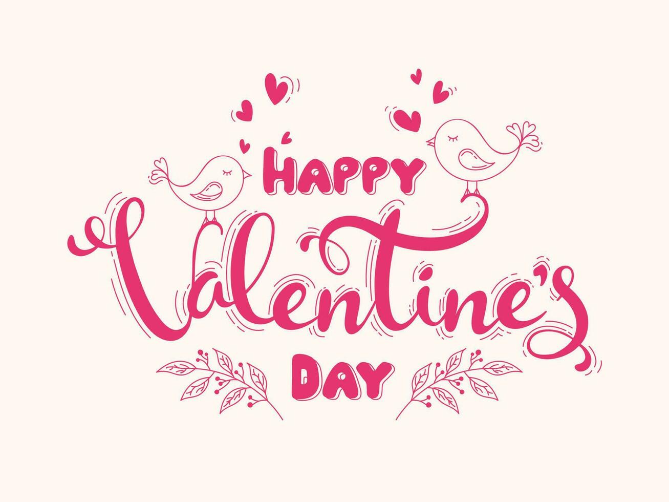 Pink Happy Valentine's Day Font with Loving Birds and Leaves on White Background. vector