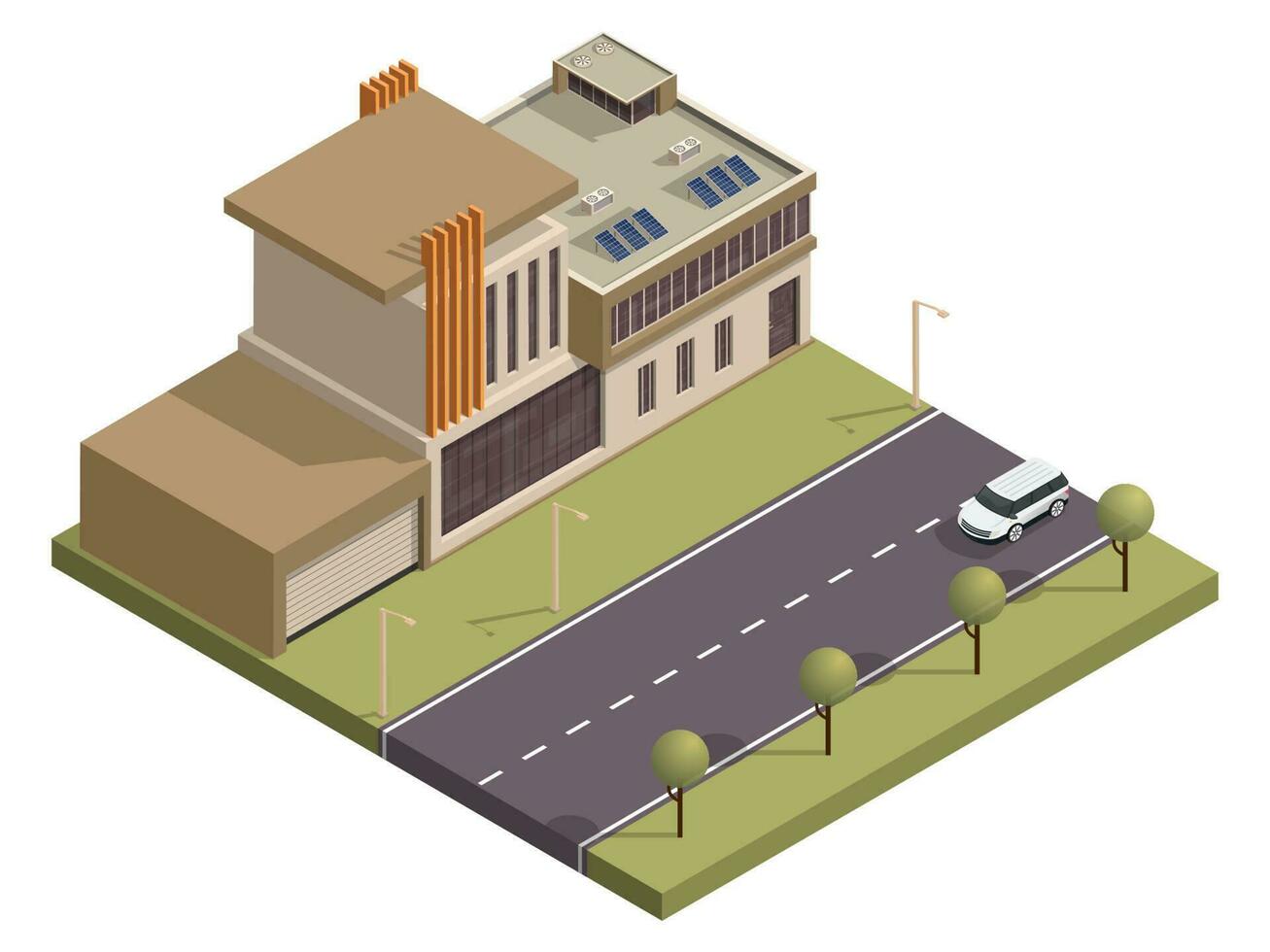 Isometric architecture building along transport street background. vector
