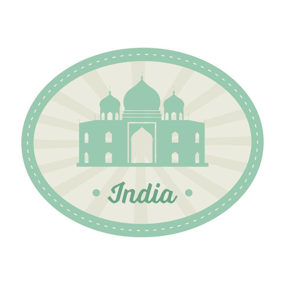 Green And Grey Taj Mahal With Rays On Oval Background For India Stamp Or Label Design. vector