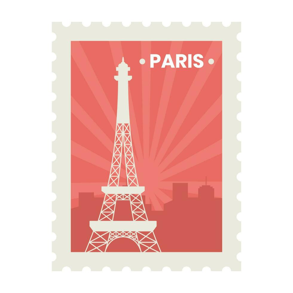 Paris Stamp, Sticker, Or Ticket Design With Grey Eiffel Tower, Cityscape Building With Rays Background. vector