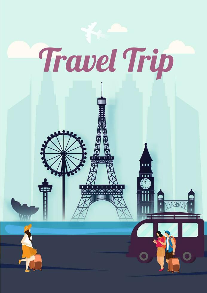 Travel Trip template or poster design with foreign country famous monument, illustration of tourist character and traveling bus on blue background. vector