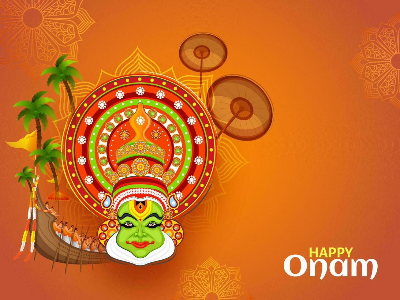 Brown floral background decorated with Kathakali dancer face, Aranmula boat race and Onam umbrella for Happy Onam festival poster or banner design. vector