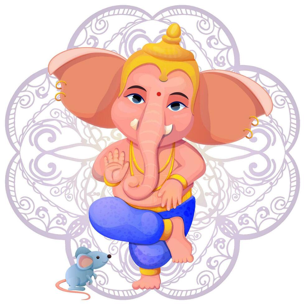 Little cute Ganesh, religious traditional god elephant in cartoon character isolated on white background. Vector illustration