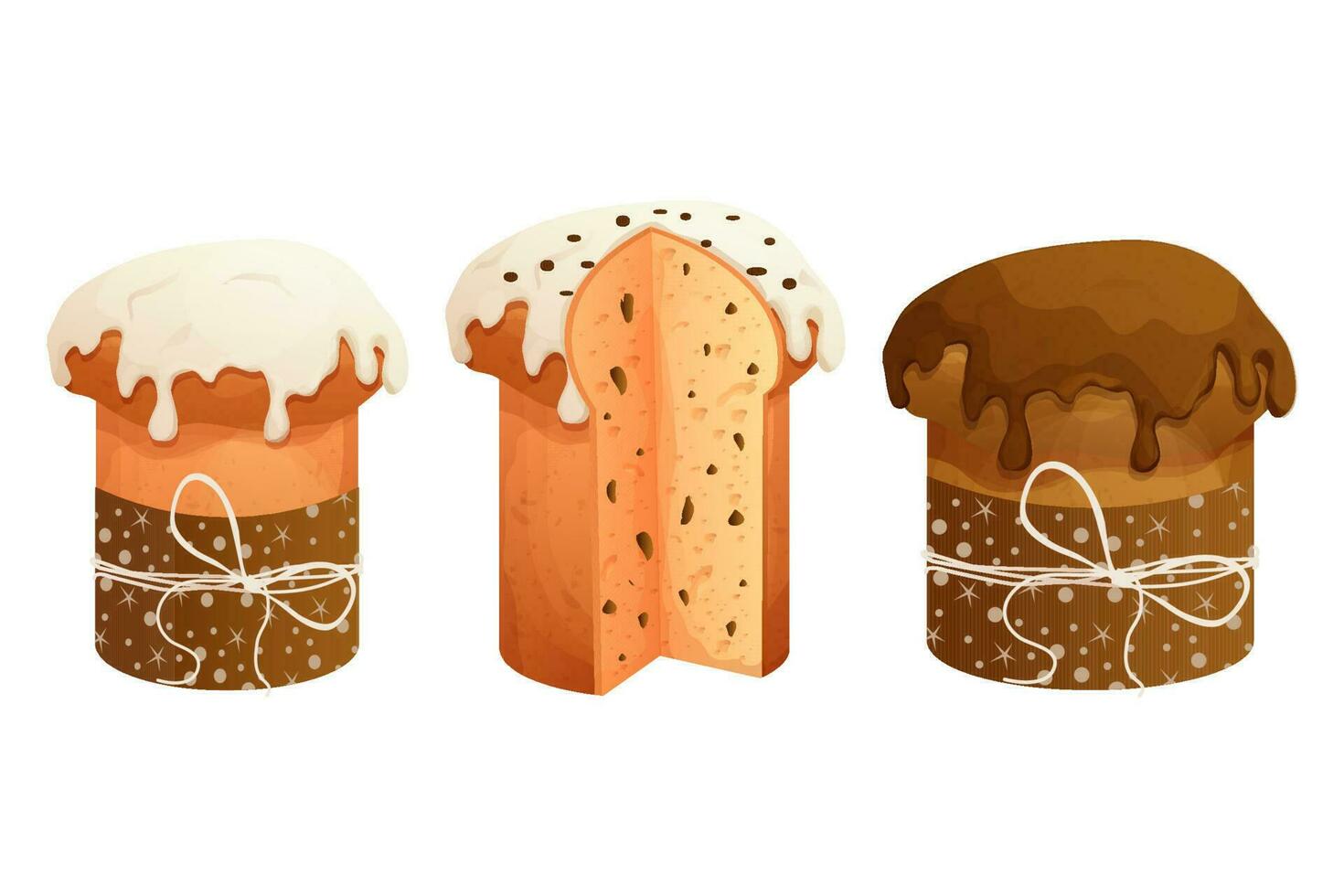 conjunto Panettone tradicional, colección Pascua de Resurrección pasteles con vidriar y decoraciones en dibujos animados estilo aislado en blanco antecedentes. vector ilustración