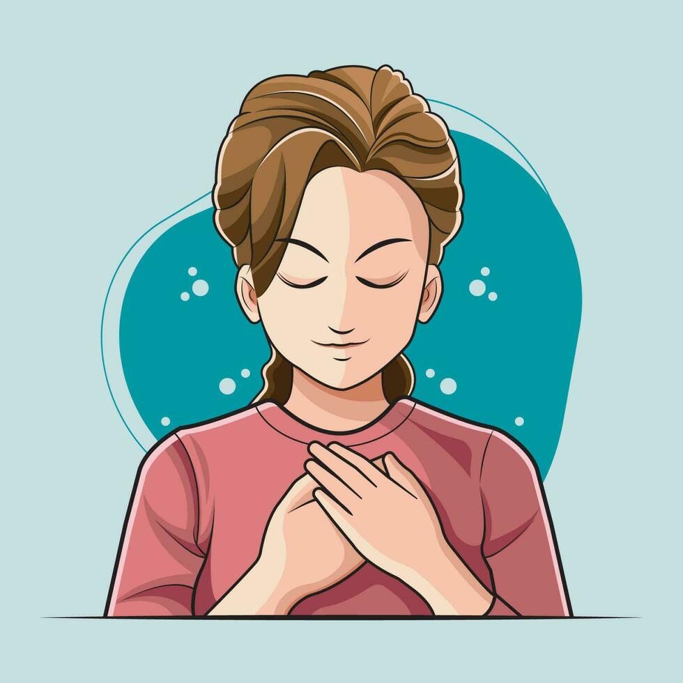 Mental Health. Calm Young Woman Holding Hands on Chest vector illustration free download
