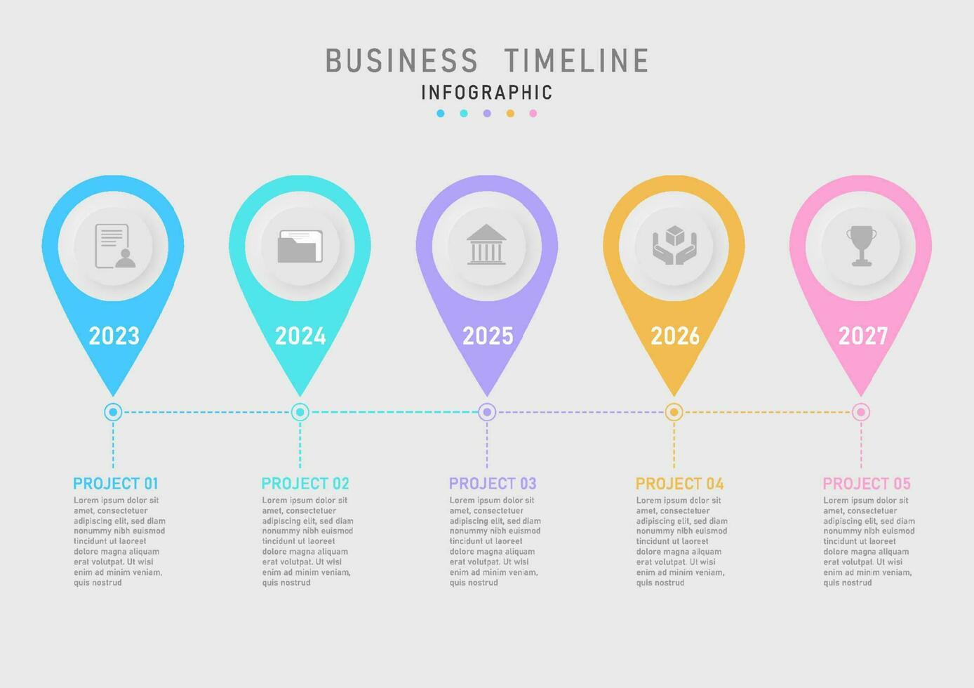moderno negocio infografía modelo limpiar sencillo cronograma 5 5 años círculos multi pastel colores con íconos en el medio punteado línea y punto gris antecedentes vector