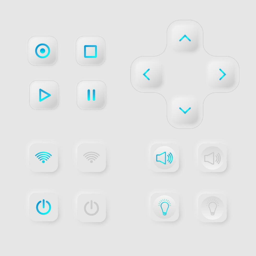 moderno pantalla interfaz conjunto de 4 4 controlar empujar botón interruptores con limpiar cuadrado caucho botones. centrar ligero icono gris antecedentes vector