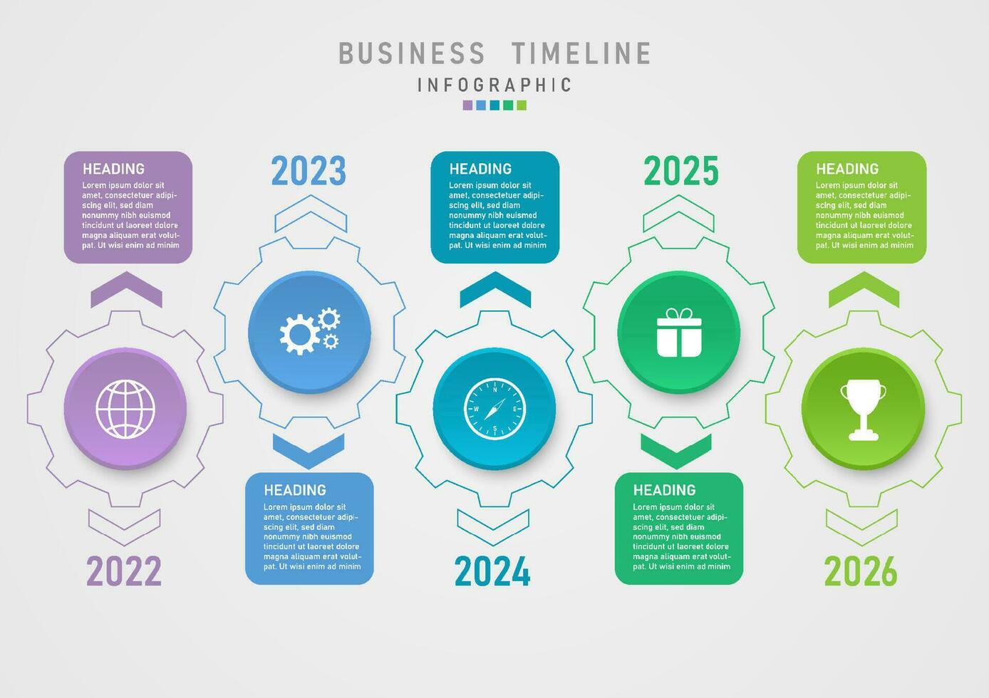 modern business 5 years timeline outline multi colored circle cogs with icons in the center arrows with multicolored square numerals with white letters gray gradient background for template vector