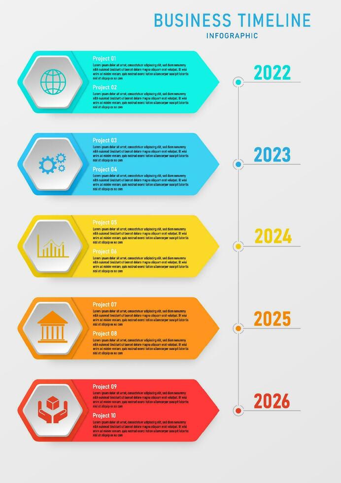 5 years infographic timeline template square with vertical multi colored hexagon letters with numbers and icons gray gradient background design for marketing, project, product, business, planning vector