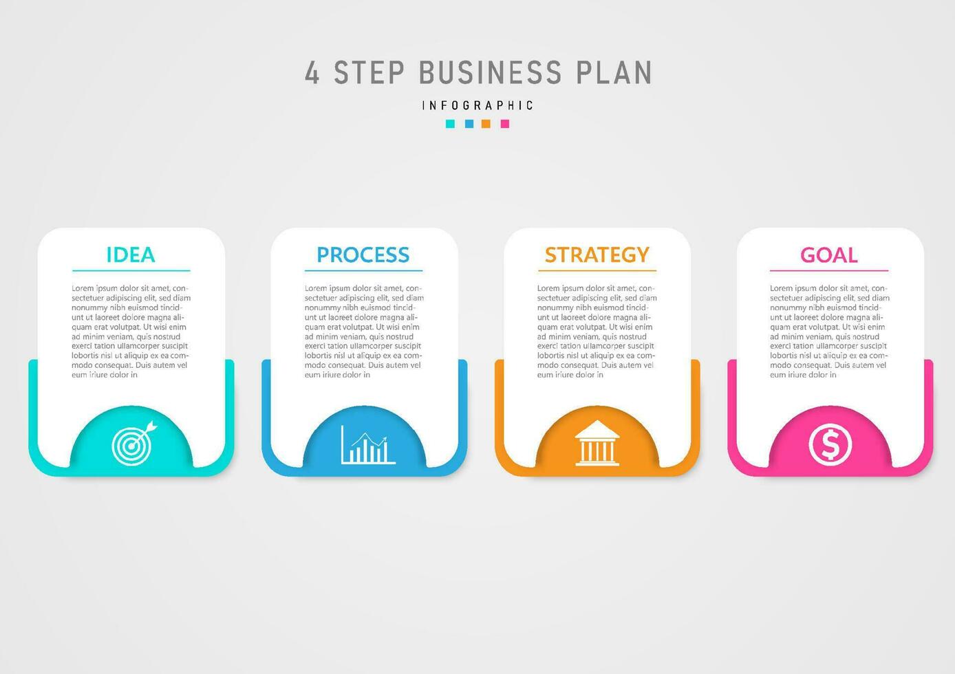 simple infographic template 4 steps of business planning for success, multi-colored squares and White squares, white icons below letters on white background above. gray gradient background vector