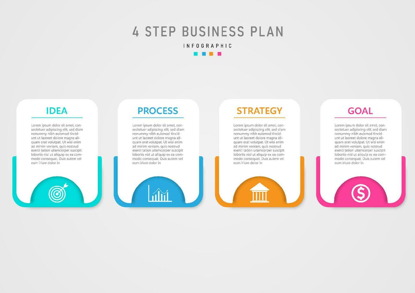 simple infographic template 4 steps of business planning for success, multi-colored squares and White squares, white icons below letters on white background above. gray gradient background vector