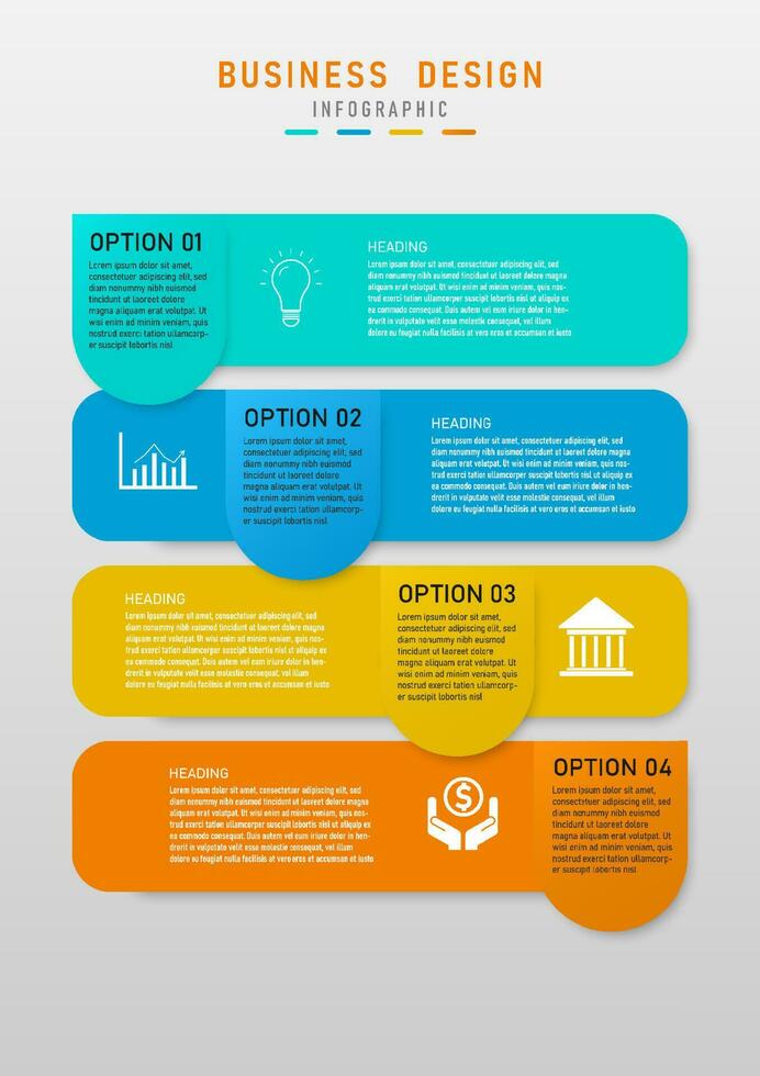 business template simple 4 options infographic multi colored squares vertical letters and icons white gray gradient background design for marketing, project, product, finance, planning, investment vector