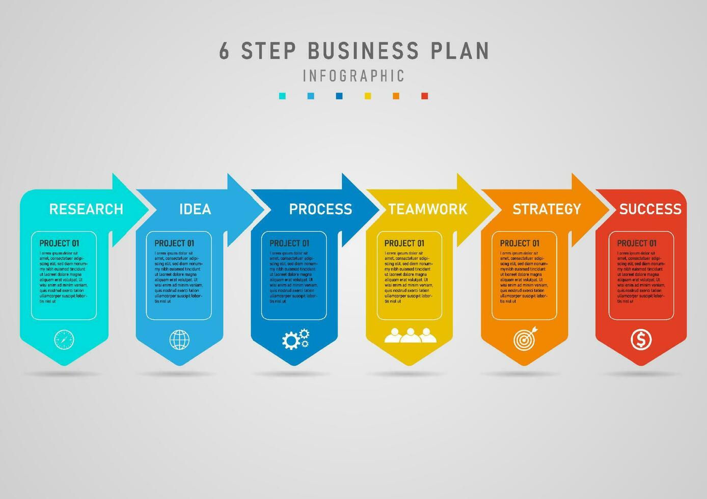 Business plan simple 6 step infographic template to success multicolored squares with arrows white icon below gray gradient background design for marketing, finance, product, project, investment vector