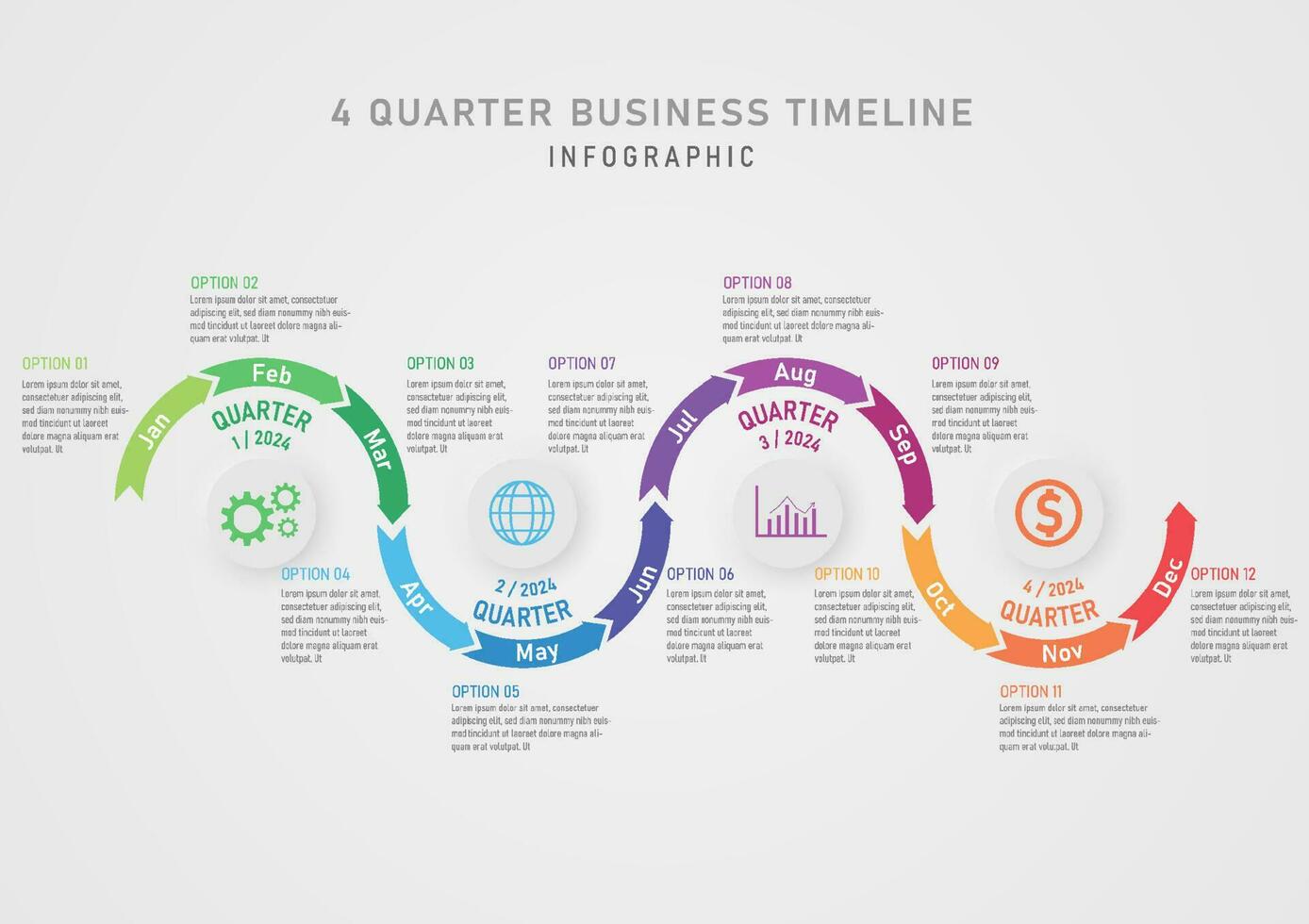 4 quarter infographic business planning for growth curved multicolored arrow timeline Move the letter abbreviation of the month inside. Circle buttons and icons on a gray gradient background vector