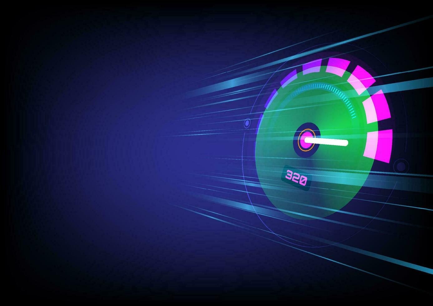 resumen antecedentes tecnología perspectiva circulo rosado y verde parte superior velocímetro con azul Moviente ligero líneas en un azul y negro degradado antecedentes vector