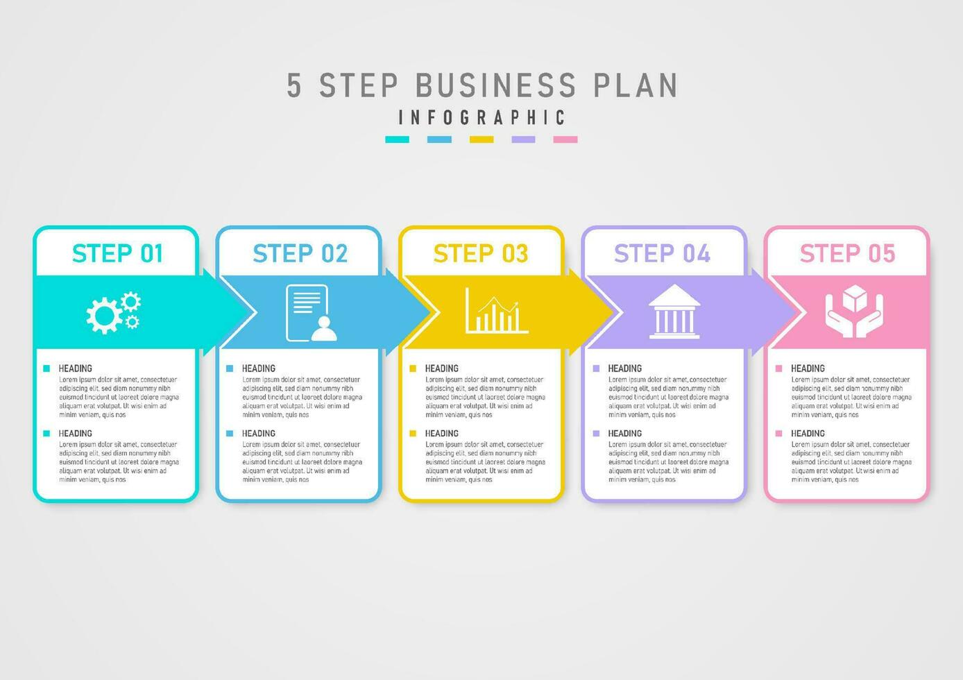 modern infographic template 5 steps success business plan square white with multi colored arrows and center icons gray gradient background design for marketing, finance, product, project vector