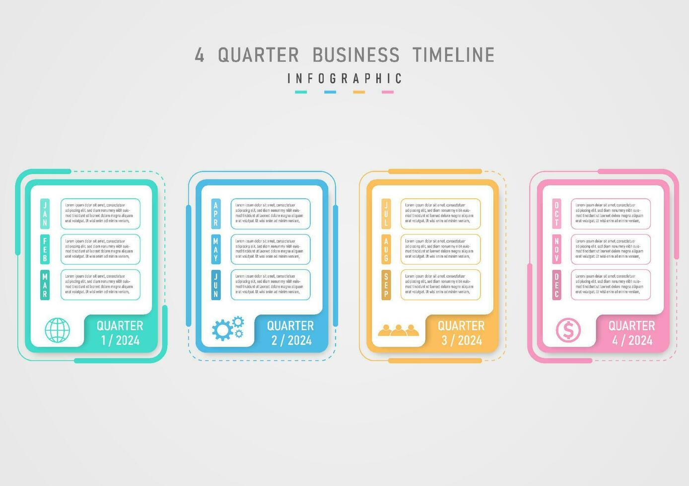 4 Quarter Infographic Business Planning Timeline for Growth multicolored pastel squares month abbreviation letter icon on white background Frames and letters with outlines gray gradient background. vector