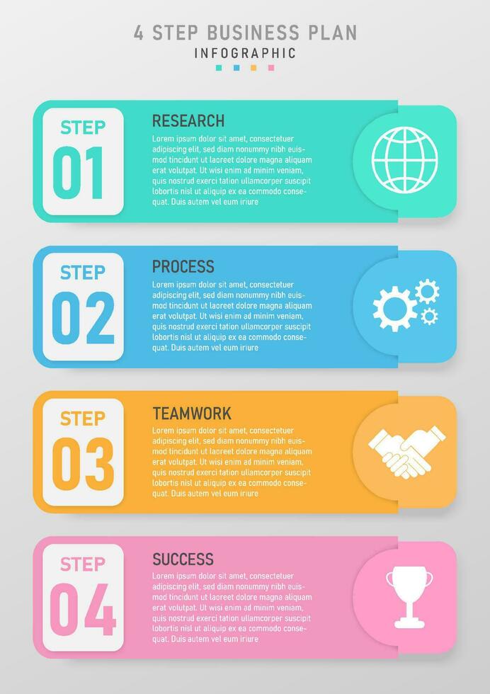 infographic vertical template simple 4 steps business planning success square multi color pastel right white icon gray gradient background design for marketing, product, finance, project, investment vector