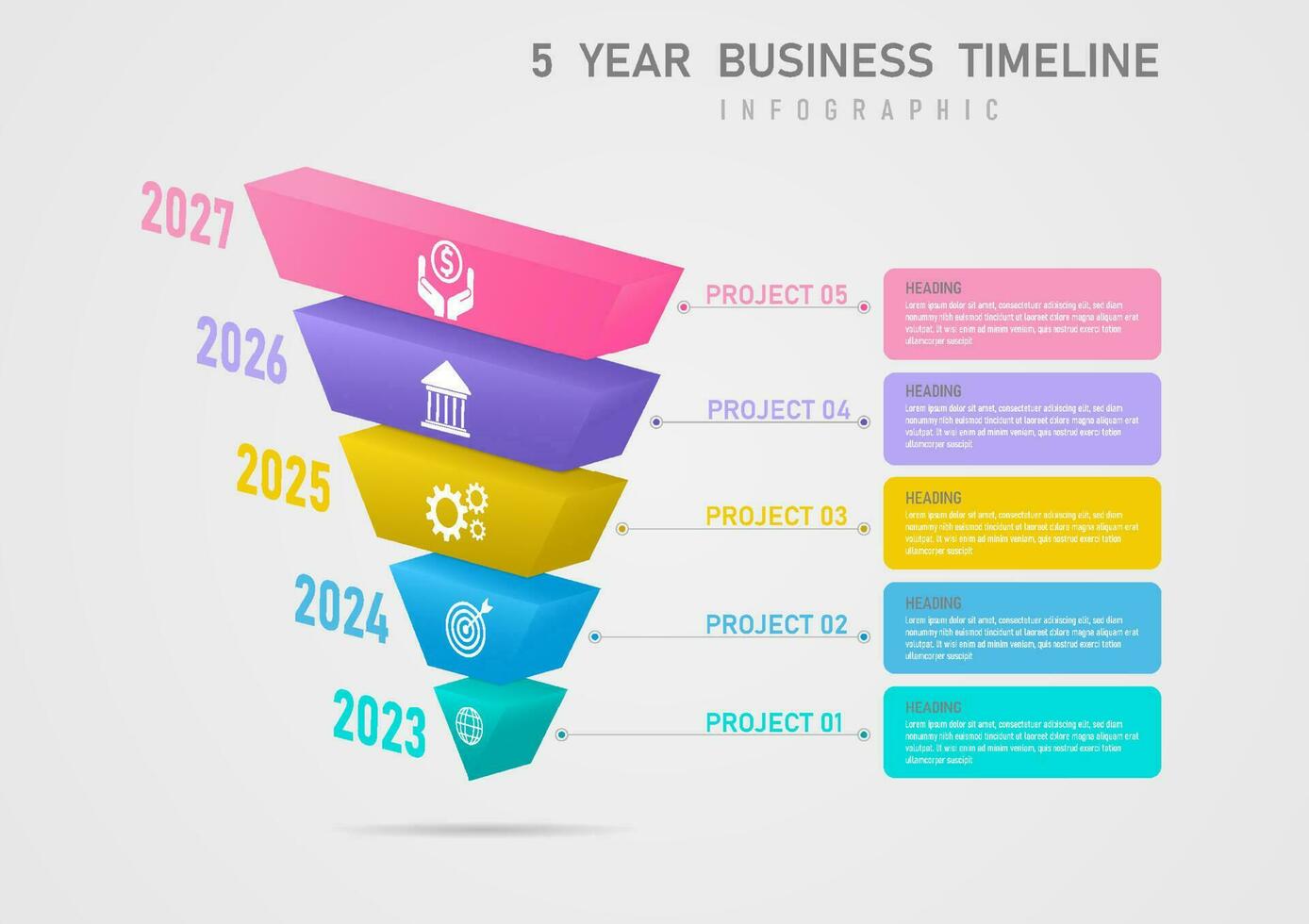 3d template infographic timeline 5 years multi colored triangles white icons in the center numbers on the left white letters on the right On gray gradient background. Design for marketing, project. vector