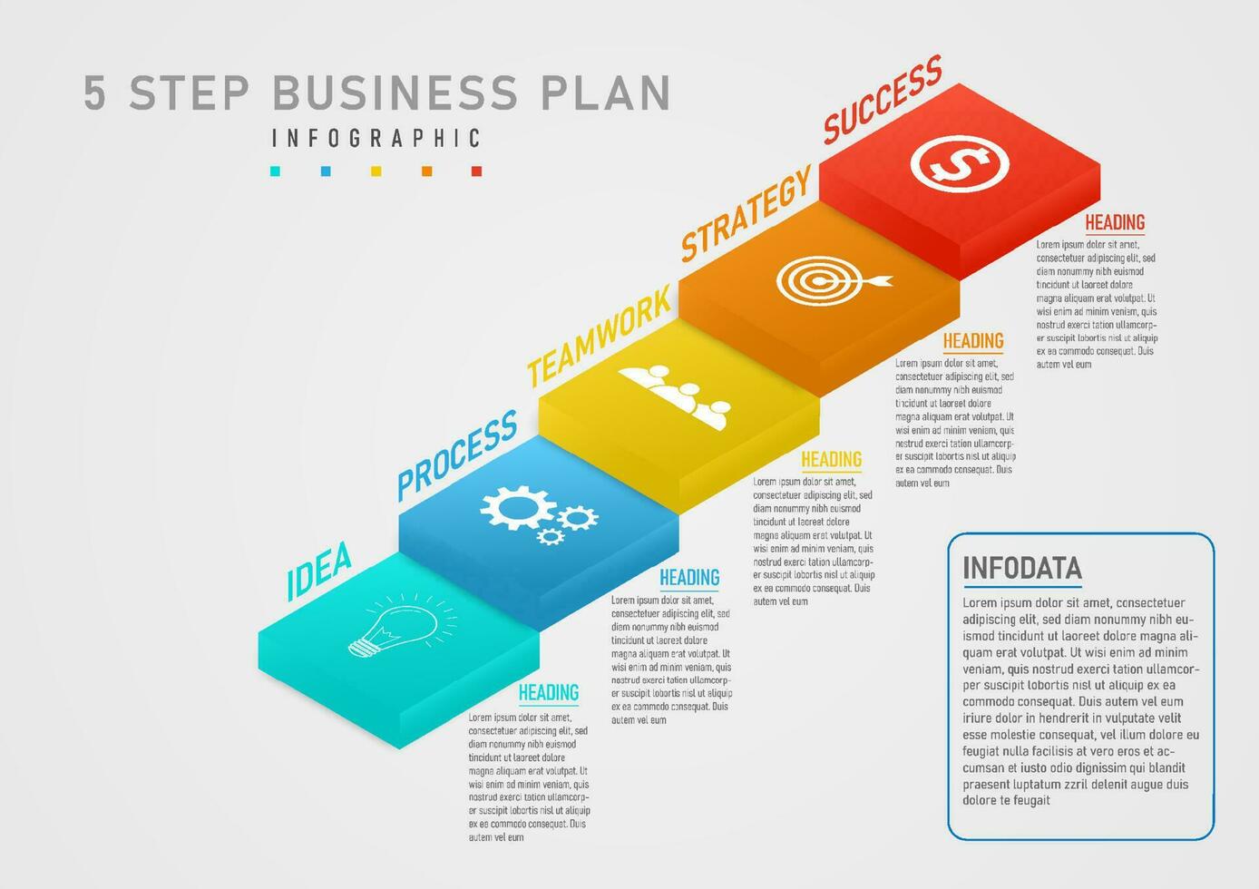 3d infografía modelo 5 5 pasos negocio plan para éxito multi de colores cuadrícula izquierda y Derecha letras blanco icono en el centrar en gris degradado antecedentes. diseño para marketing, producto, proyecto. vector