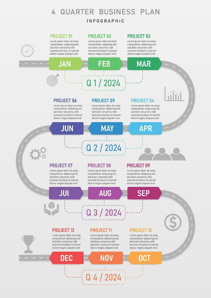 cronograma sencillo infografía vertical negocio trabajo plan modelo 4 4 trimestre flecha multicolor en curvo la carretera blanco mes abreviatura gris icono, gris degradado antecedentes vector