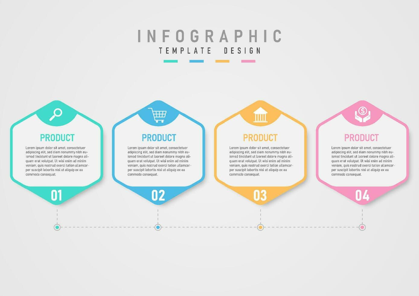 infographic template simple four options hexagons multi colored lines and circles white icons on top with the numbers below Middle letters on a white background gray gradient background vector