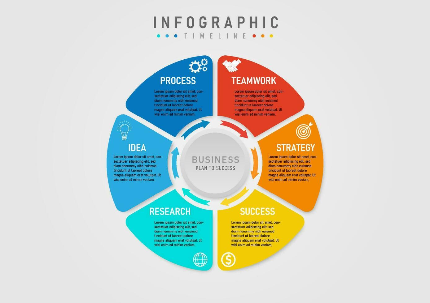 6 step business plan infographic template for success multicolored segmented circle with arrows white icon on colored background In the middle there is a gray button on a gray gradient background. vector