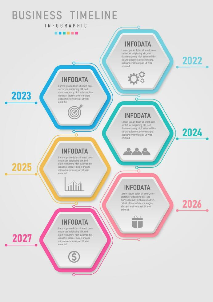 business infographic simple timeline template 6 years vertical multi colored hexagon Line and circle icons with gray letters. Gradient background design for marketing, product, project, plan, finance. vector