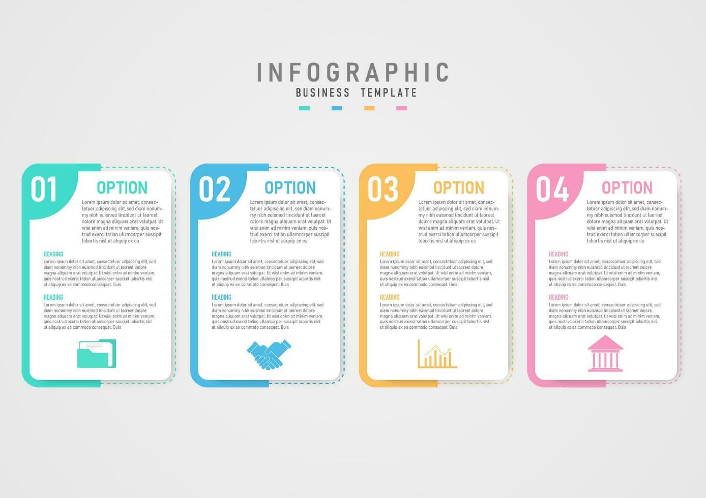 infografía 4 4 opciones negocio plan modelo para éxito de colores cuadrícula con punteado líneas color letras y íconos en blanco antecedentes. números en el Superior izquierda esquina limpiar gris degradado antecedentes vector