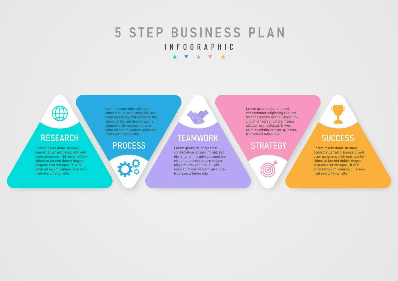 sencillo infografía modelo 5 5 pasos negocio plan éxito triangular multi color limpiar pastel íconos en blanco y gris degradado antecedentes. diseño para marketing, producto, proyecto, Finanzas vector