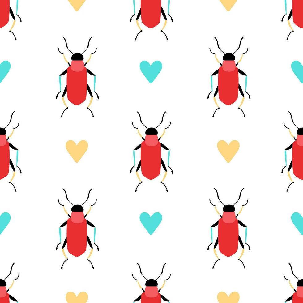 Funny summer background with doodle beetles. Seamless pattern with cartoon elements. vector