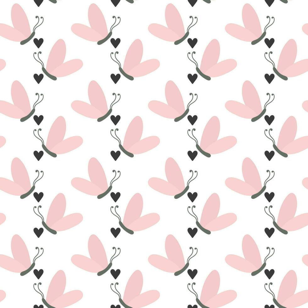 Simple pink butterfly with black hearts. Seamless pattern with cartoon elements. vector