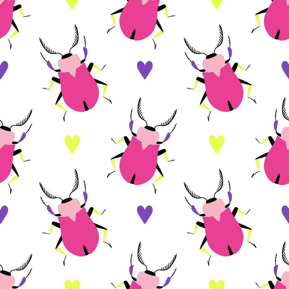 linda verano antecedentes con rosado escarabajos y vistoso corazones. sin costura modelo con dibujos animados elementos. vector