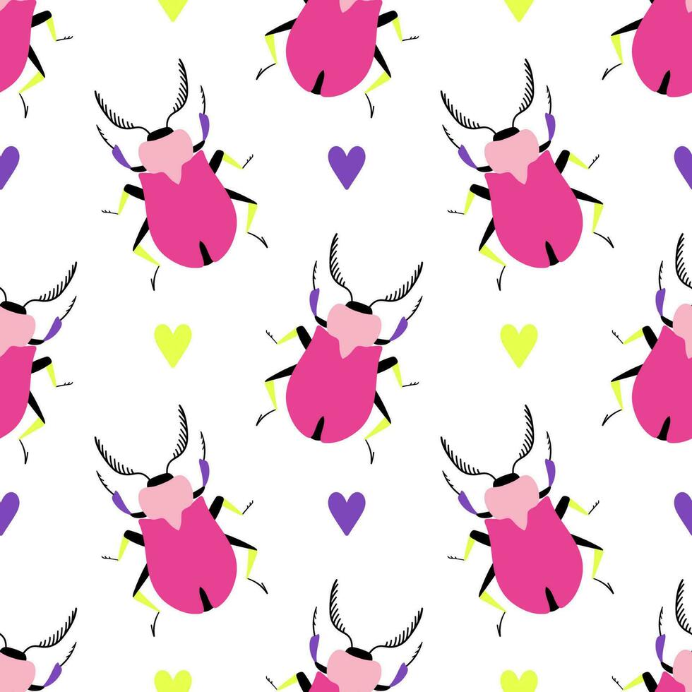 Cute summer background with pink beetles and colorful hearts. Seamless pattern with cartoon elements. vector