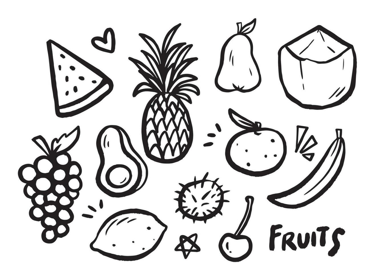 Black and white outlined fruits vector illustration isolated on horizontal landscape template. Simple flat monochrome healthy food drawing.