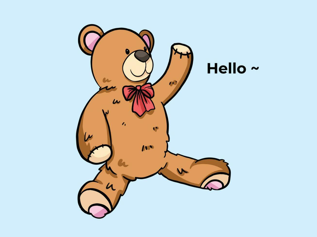 Cute soft brown teddy bear vector illustration with hello greetings gesture pose isolated on horizontal baby blue background. Outlined simple flat art styled drawing.