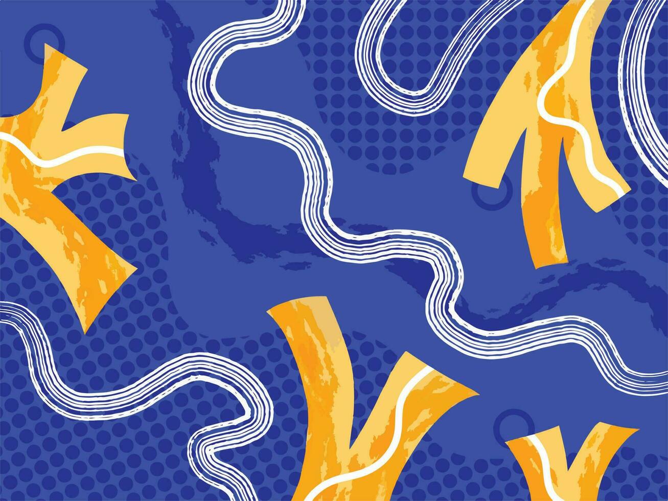 Blue polkadots vector background with yellow and white abstract shapes and lines decorative ornaments isolated on horizontal template. Wallpaper for poster or textile prints.