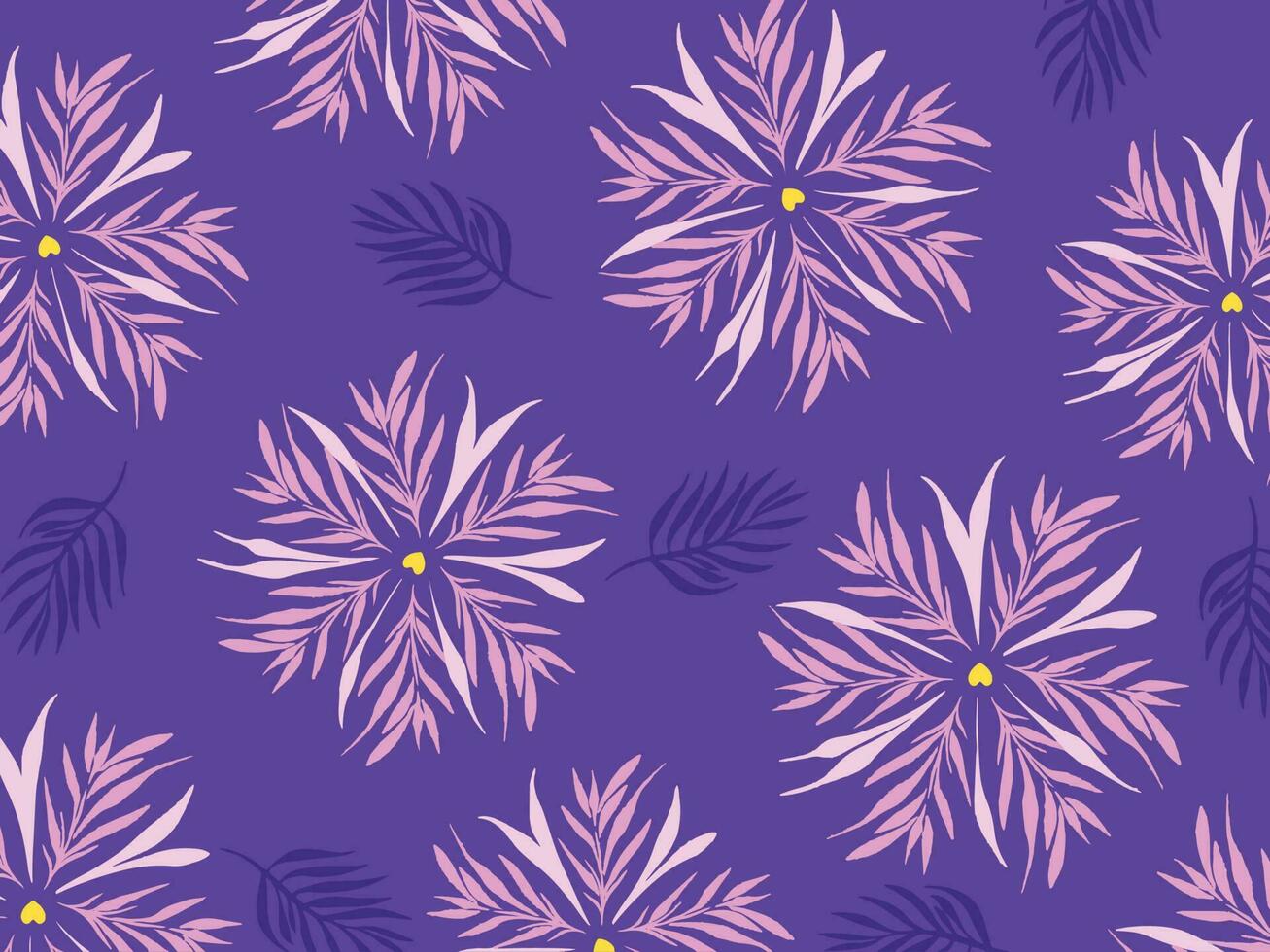 Purple background with pink flowers and leaves pattern decorative elements isolated on horizontal landscape template. Wallpaper for poster or textile prints. vector