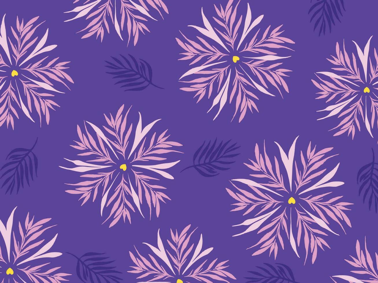 púrpura antecedentes con rosado flores y hojas modelo decorativo elementos aislado en horizontal paisaje modelo. fondo de pantalla para póster o textil huellas dactilares. vector