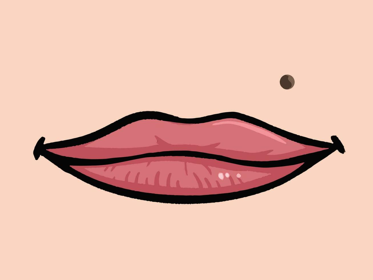 Smiling women lips with round small mole above the mouth vector illustration isolated on skin colored horizontal background. Outlined simple flat art styled lips.