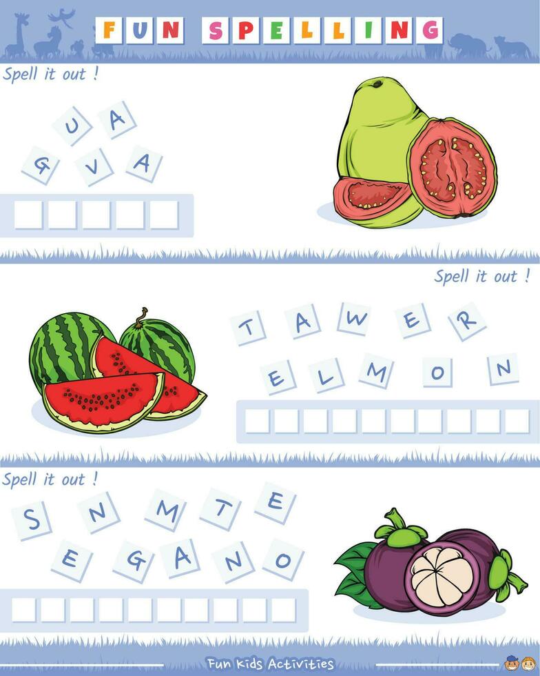 Fun spelling Guava, Mangosteen, Watermelon 23799839 Vector Art at Vecteezy