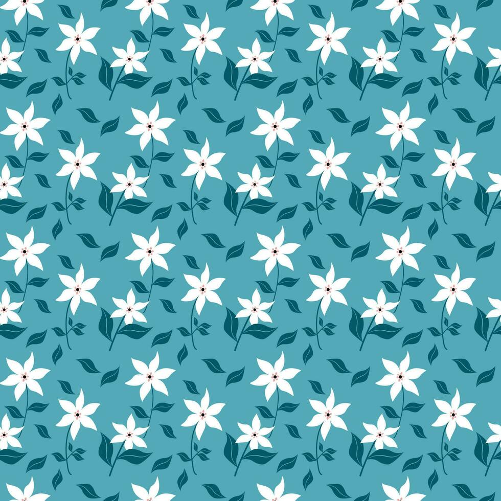 seamless pattern White flowers and indigo leaves blue background vector