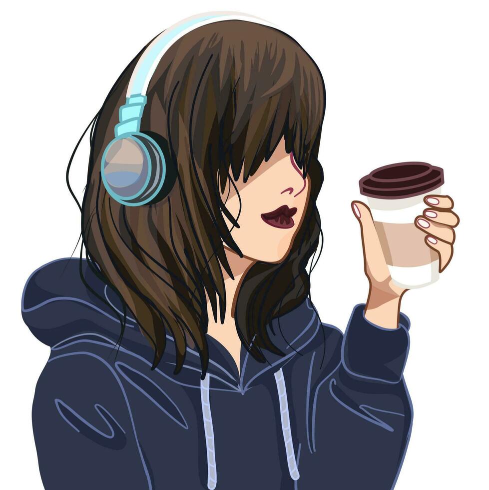 vector  hand drawing illustration the girl have headphones , Hoodie and paper cup coffee