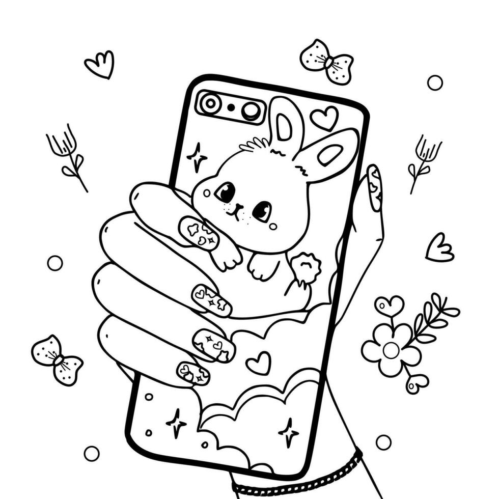 vector black and white coloring page, a cell phone in hand and a case with a rabbit and doodles