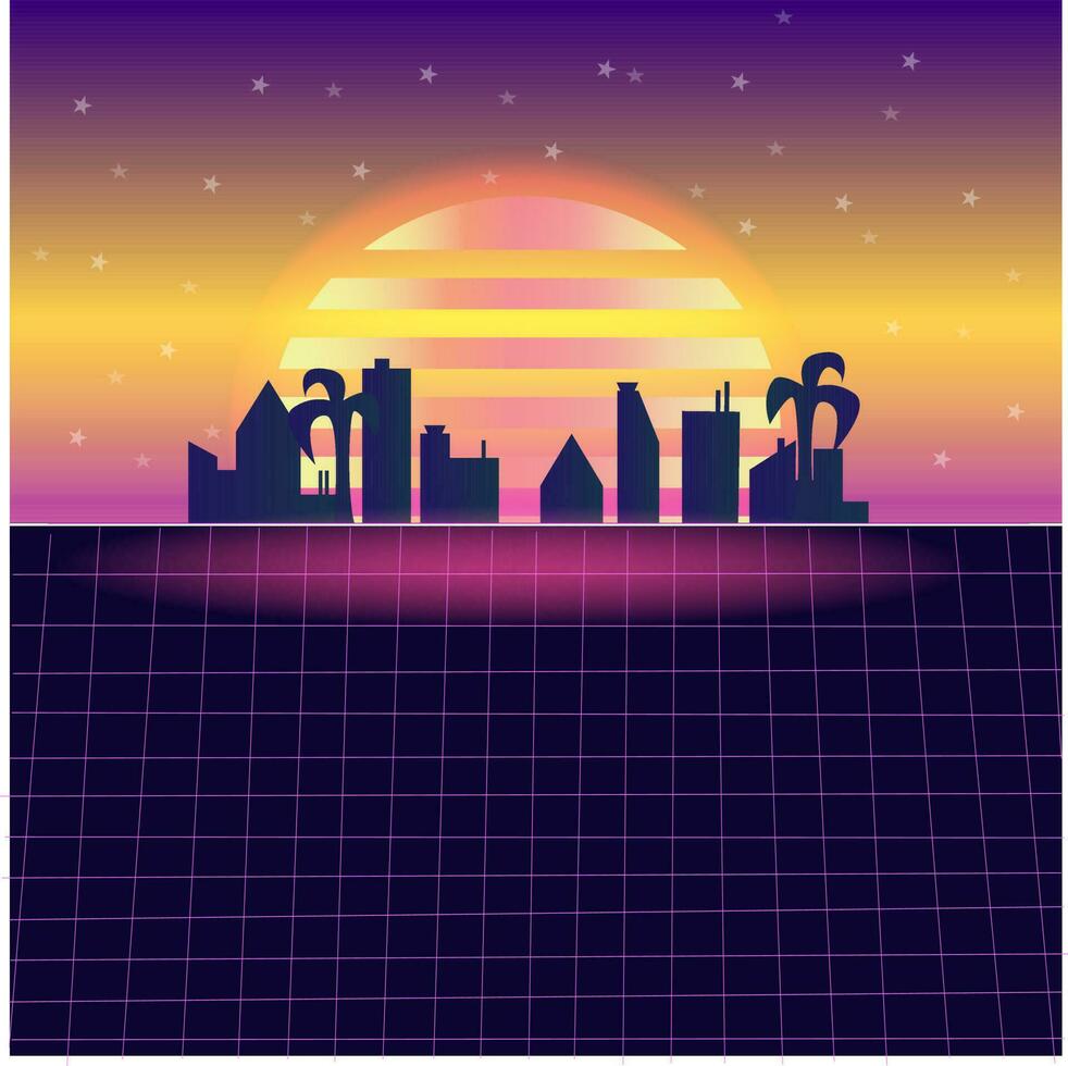 vector illutration retro style background with purple colours ,big sun and buildings and palms on backgrounds
