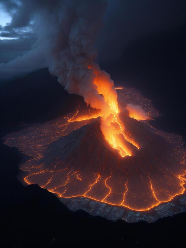 parte superior ver volcán erupción a noche fondo ai generado foto